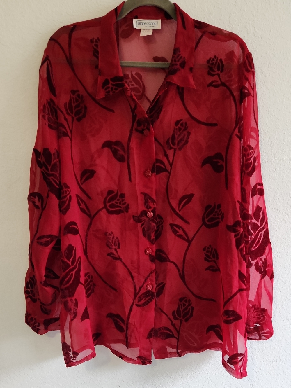 Vintage Romantic Whimsigoth Red Velvet Burnout Floral Sheer Blouse XL